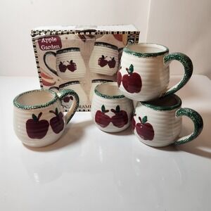 Alco Industries Apple Garden Ceramic Mug Set 4pc Red Apple Green Speckled